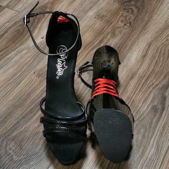 Pleaser Delight 662 Black Patent Platform 6" Stilettos with Red Corset Lacing - Picture 3 of 3